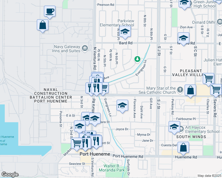 map of restaurants, bars, coffee shops, grocery stores, and more near 830 Oak Court in Port Hueneme