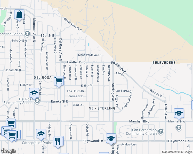 map of restaurants, bars, coffee shops, grocery stores, and more near 5443 Golondrina Drive in San Bernardino