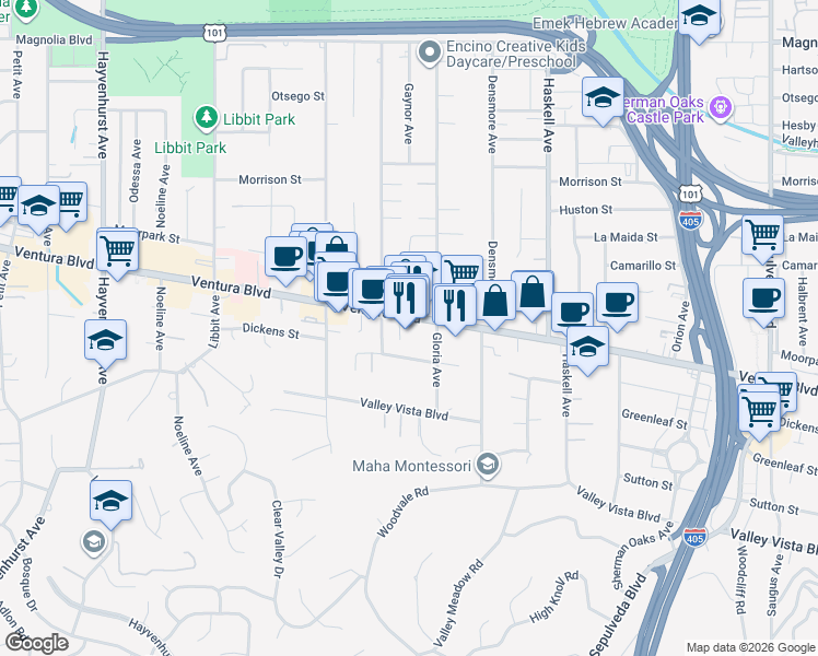 map of restaurants, bars, coffee shops, grocery stores, and more near 15928 Ventura Boulevard in Los Angeles