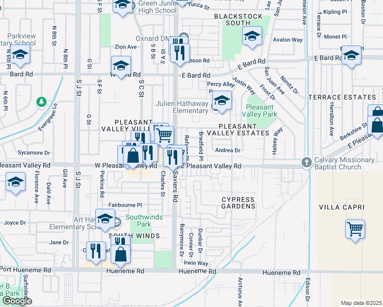 map of restaurants, bars, coffee shops, grocery stores, and more near 233 Smith Street in Oxnard