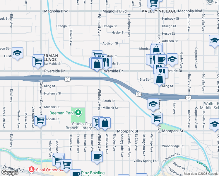 map of restaurants, bars, coffee shops, grocery stores, and more near 4675 Laurelgrove Avenue in Los Angeles