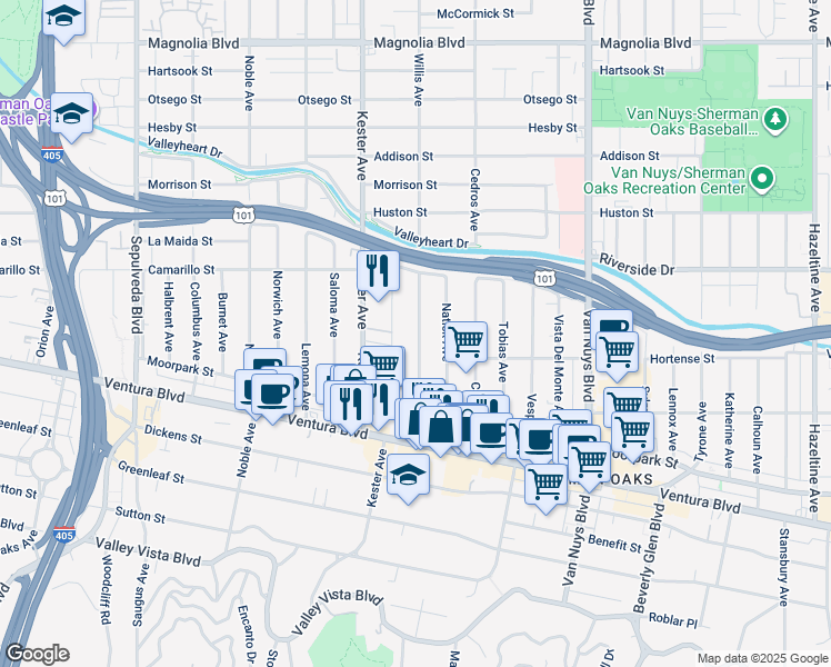 map of restaurants, bars, coffee shops, grocery stores, and more near 4630 Willis Avenue in Los Angeles