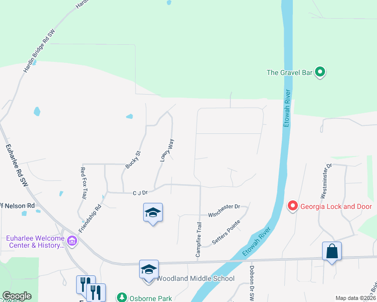 map of restaurants, bars, coffee shops, grocery stores, and more near 33 River Walk Parkway in Euharlee