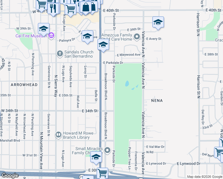 map of restaurants, bars, coffee shops, grocery stores, and more near 3507 Broadmoor Boulevard North in San Bernardino