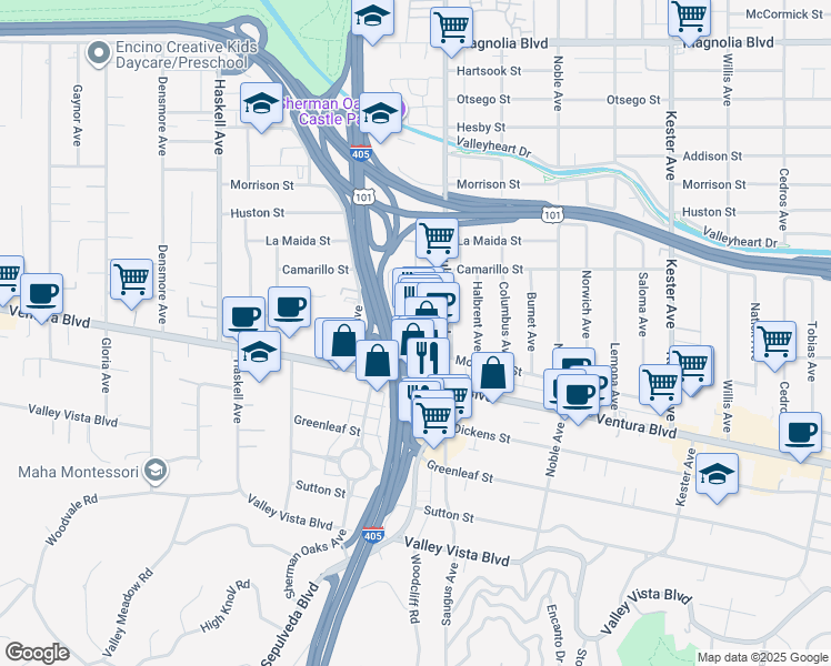 map of restaurants, bars, coffee shops, grocery stores, and more near 15303 Ventura Boulevard in Los Angeles