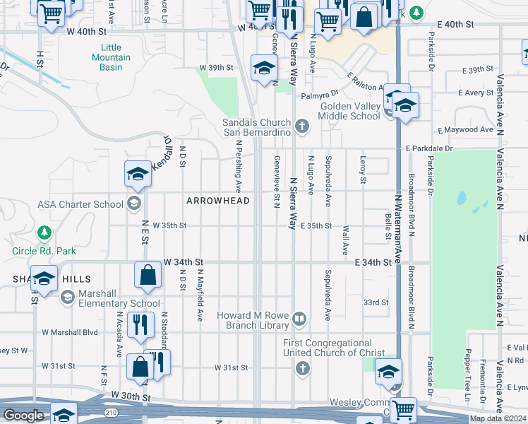 map of restaurants, bars, coffee shops, grocery stores, and more near 3545 North Mountain View Avenue in San Bernardino