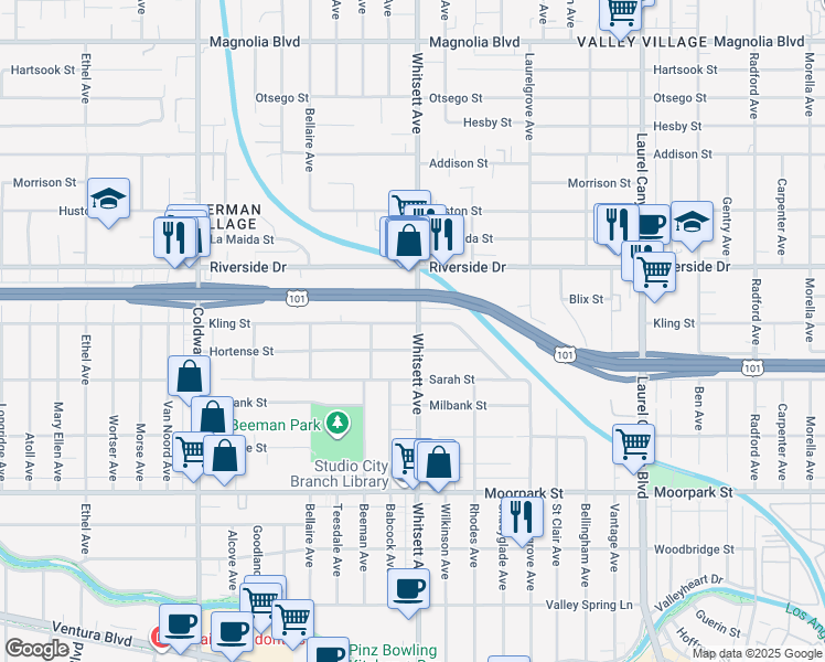 map of restaurants, bars, coffee shops, grocery stores, and more near 12504 Kling Street in Los Angeles