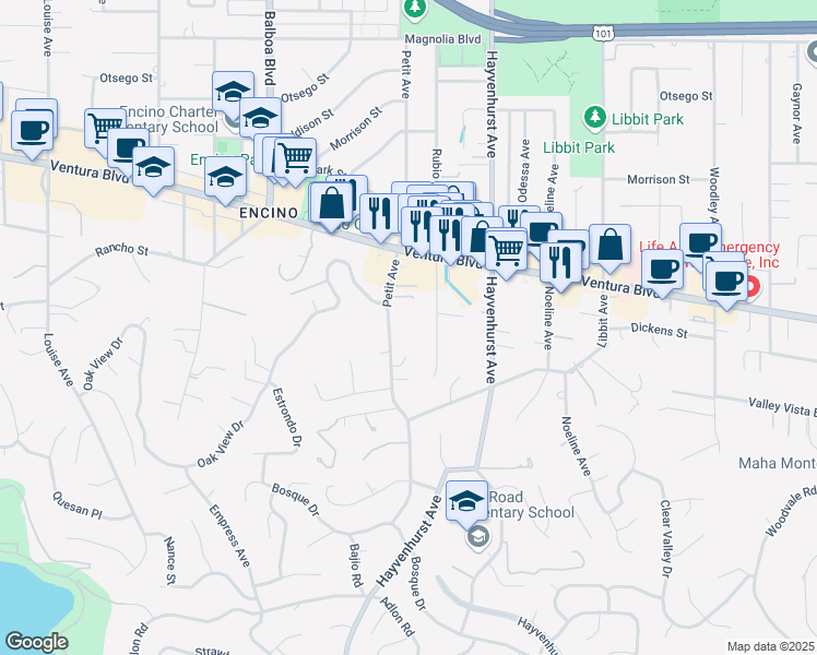 map of restaurants, bars, coffee shops, grocery stores, and more near 4640 Petit Avenue in Los Angeles