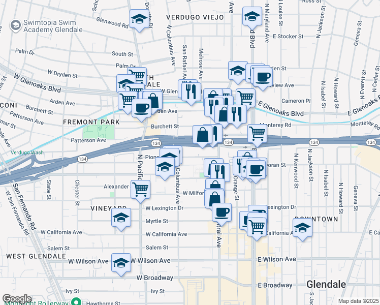 map of restaurants, bars, coffee shops, grocery stores, and more near 345 Pioneer Drive in Glendale