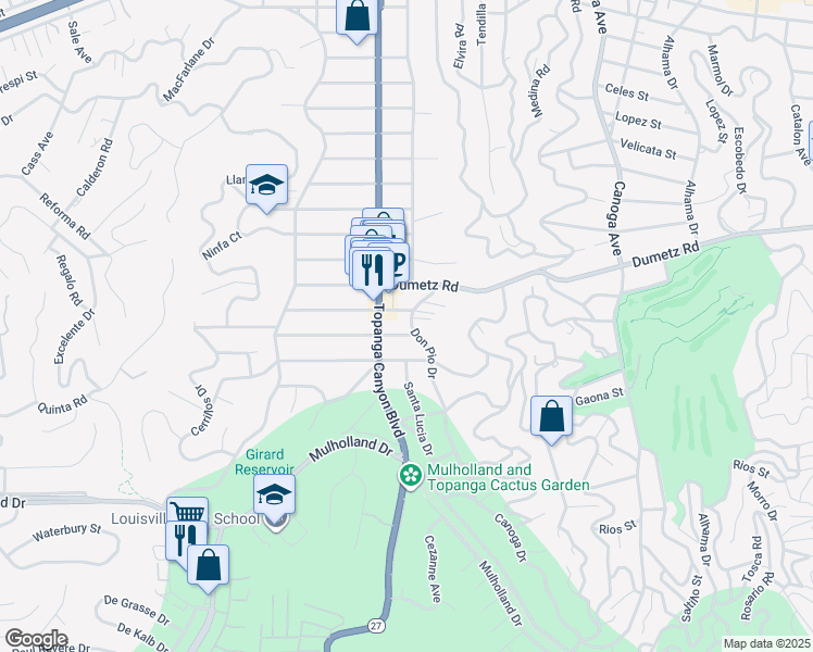 map of restaurants, bars, coffee shops, grocery stores, and more near 4841 Don Pio Drive in Los Angeles