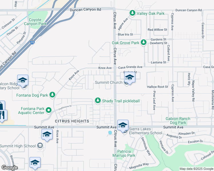map of restaurants, bars, coffee shops, grocery stores, and more near 5413 Padua Way in Fontana