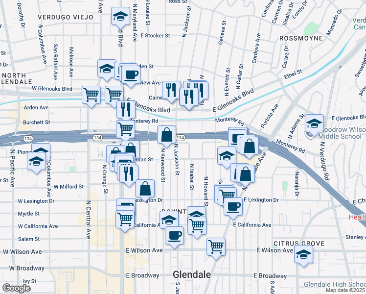 map of restaurants, bars, coffee shops, grocery stores, and more near 500 Jackson Place in Glendale