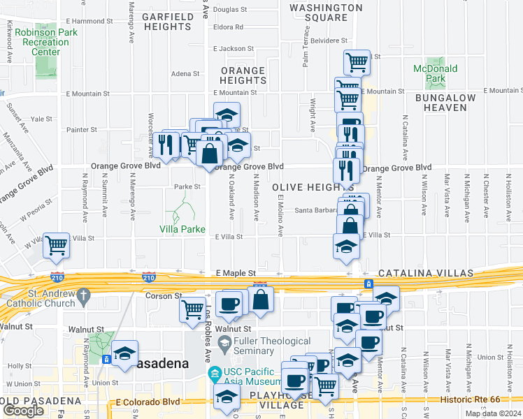 map of restaurants, bars, coffee shops, grocery stores, and more near 558 North Madison Avenue in Pasadena