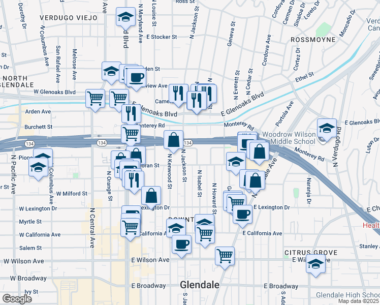 map of restaurants, bars, coffee shops, grocery stores, and more near 500 Jackson Place in Glendale