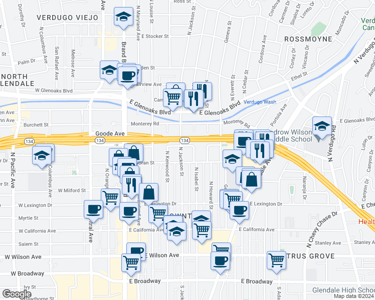 map of restaurants, bars, coffee shops, grocery stores, and more near 500 Jackson Place in Glendale