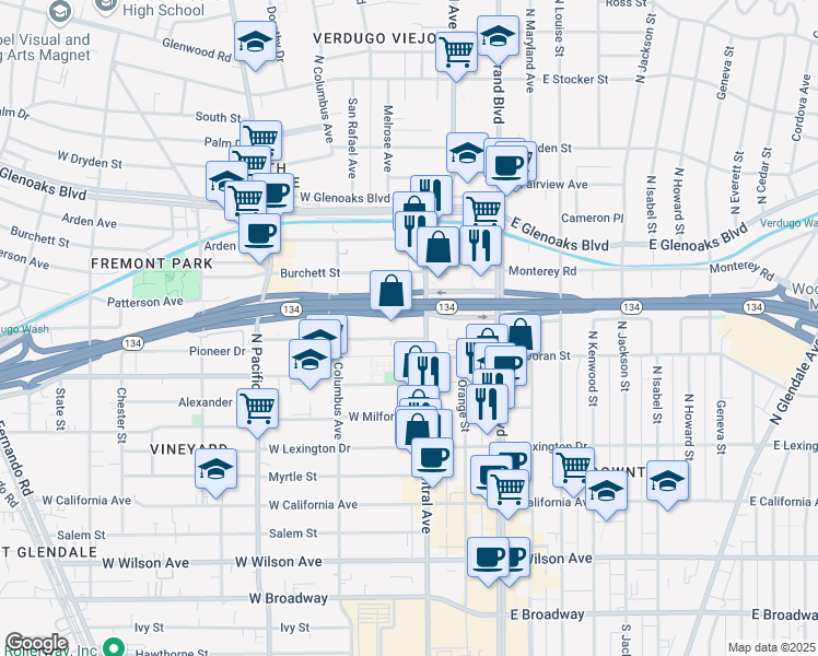 map of restaurants, bars, coffee shops, grocery stores, and more near 655 North Central Avenue in Glendale