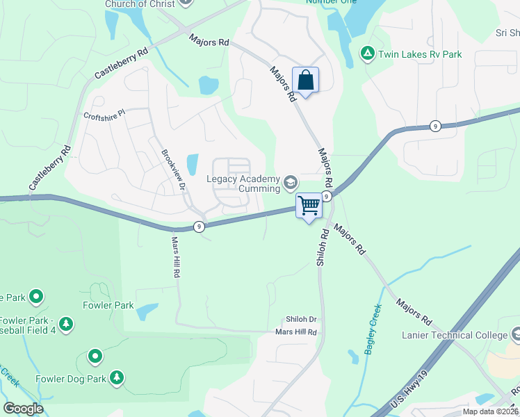 map of restaurants, bars, coffee shops, grocery stores, and more near 3505 Atlanta Highway in Cumming