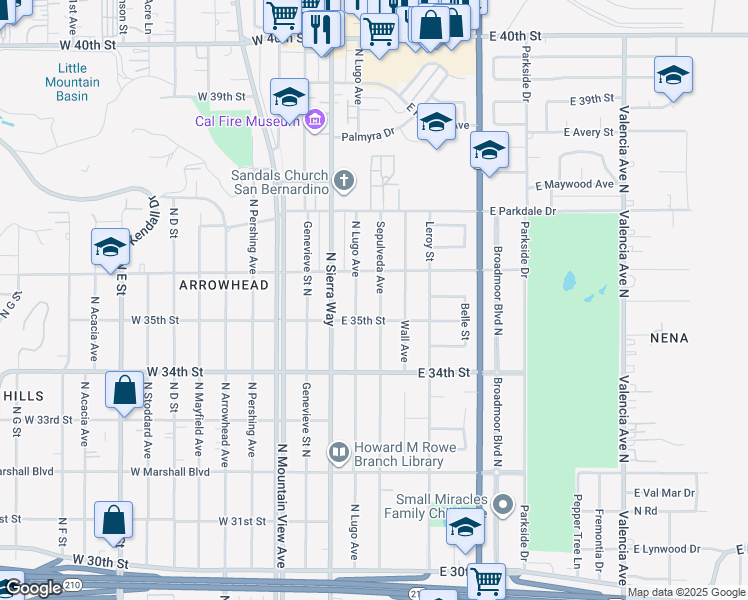 map of restaurants, bars, coffee shops, grocery stores, and more near 3507 North Lugo Avenue in San Bernardino