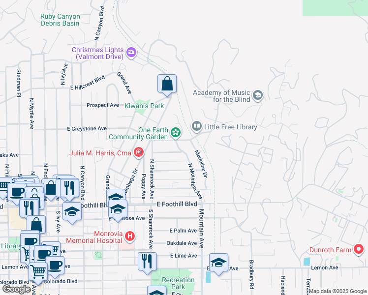 map of restaurants, bars, coffee shops, grocery stores, and more near 746 Mountain View Avenue in Monrovia