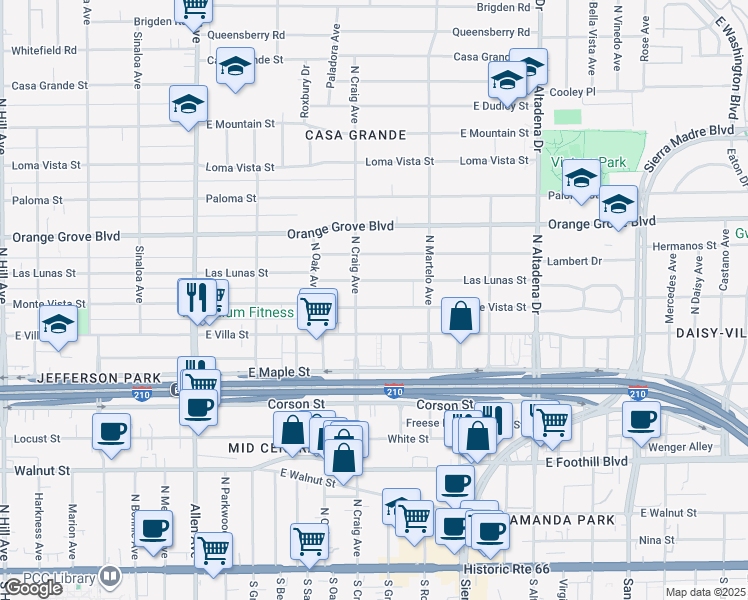 map of restaurants, bars, coffee shops, grocery stores, and more near 2176 Monte Vista Street in Pasadena