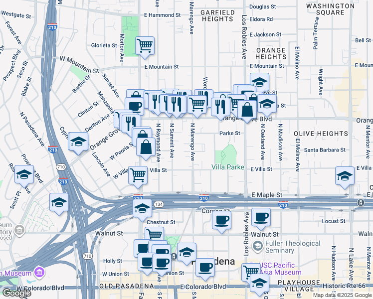 map of restaurants, bars, coffee shops, grocery stores, and more near 527 North Marengo Avenue in Pasadena