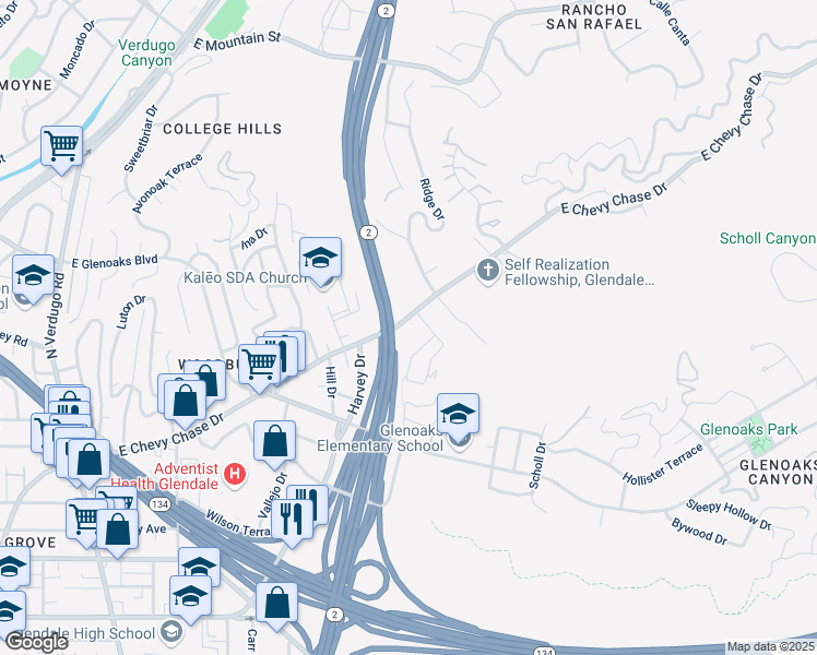 map of restaurants, bars, coffee shops, grocery stores, and more near 2045 Eleanore Drive in Glendale
