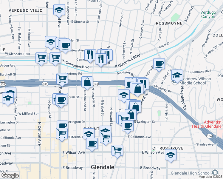map of restaurants, bars, coffee shops, grocery stores, and more near 611 North Howard Street in Glendale