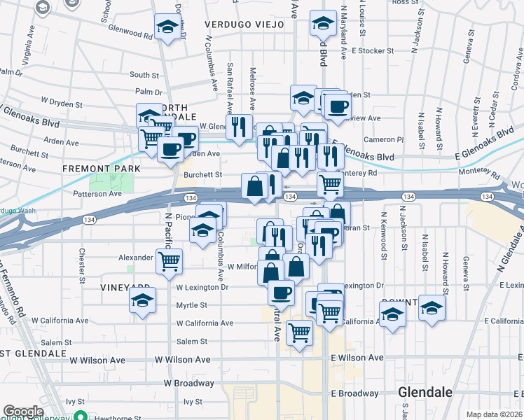 map of restaurants, bars, coffee shops, grocery stores, and more near 633 North Central Avenue in Glendale