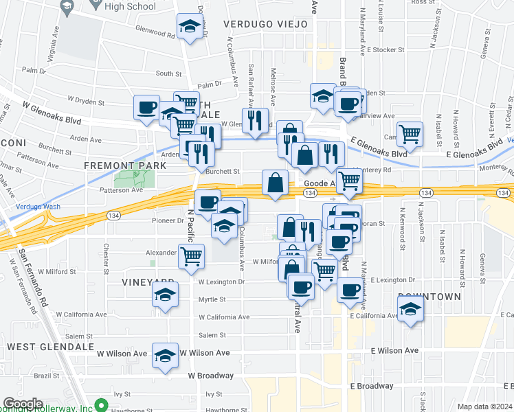 map of restaurants, bars, coffee shops, grocery stores, and more near 350 Pioneer Drive in Glendale