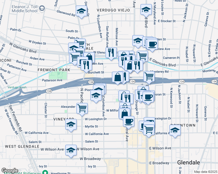 map of restaurants, bars, coffee shops, grocery stores, and more near 350 Pioneer Drive in Glendale