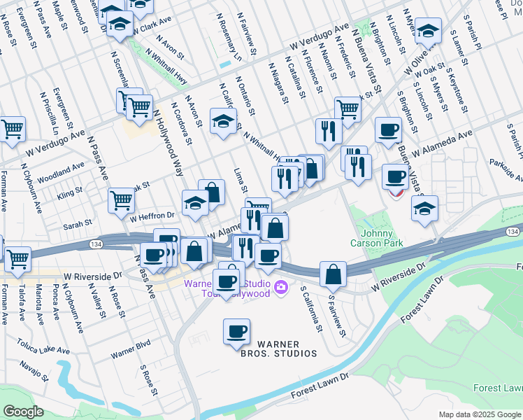 map of restaurants, bars, coffee shops, grocery stores, and more near 3301 West Olive Avenue in Burbank