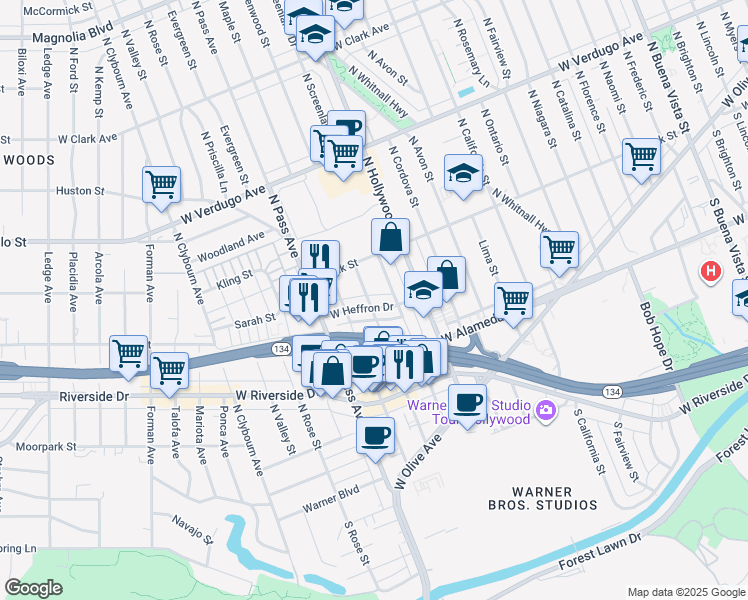 map of restaurants, bars, coffee shops, grocery stores, and more near 3810 West Heffron Drive in Burbank
