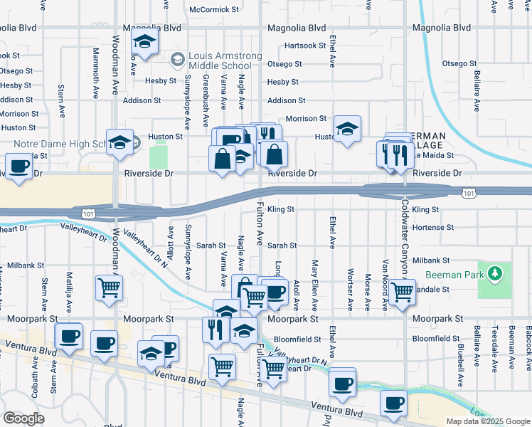 map of restaurants, bars, coffee shops, grocery stores, and more near 4634 Fulton Avenue in Los Angeles