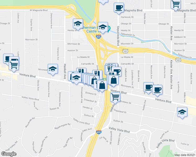map of restaurants, bars, coffee shops, grocery stores, and more near 4669 Orion Avenue in Los Angeles