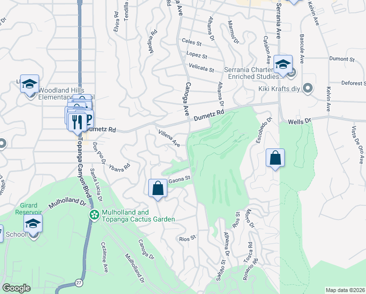 map of restaurants, bars, coffee shops, grocery stores, and more near 21440 Salamanca Avenue in Los Angeles