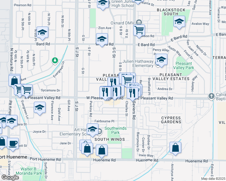 map of restaurants, bars, coffee shops, grocery stores, and more near 451 West Pleasant Valley Road in Oxnard