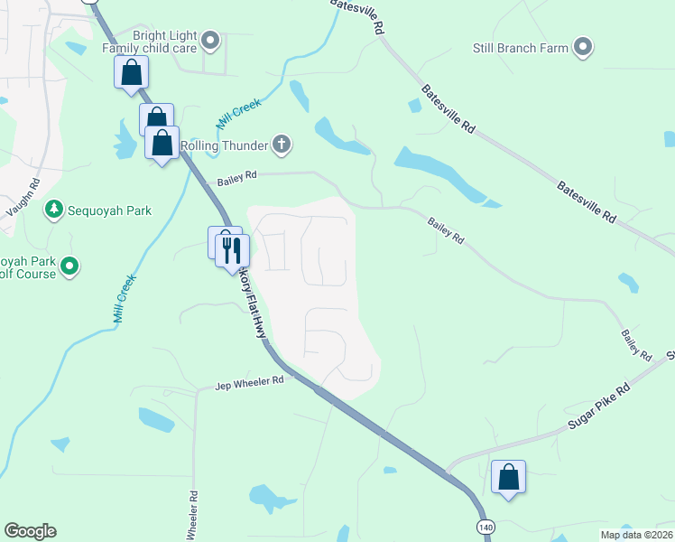 map of restaurants, bars, coffee shops, grocery stores, and more near 329 Park Creek Ridge in Woodstock