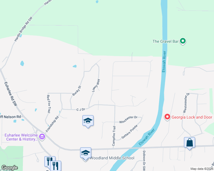 map of restaurants, bars, coffee shops, grocery stores, and more near 33 River Walk Parkway in Euharlee