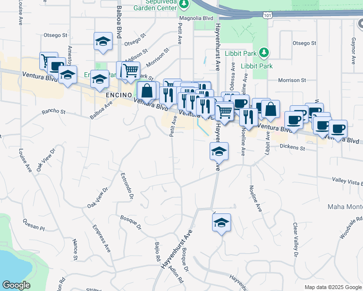 map of restaurants, bars, coffee shops, grocery stores, and more near 4640 Petit Avenue in Los Angeles