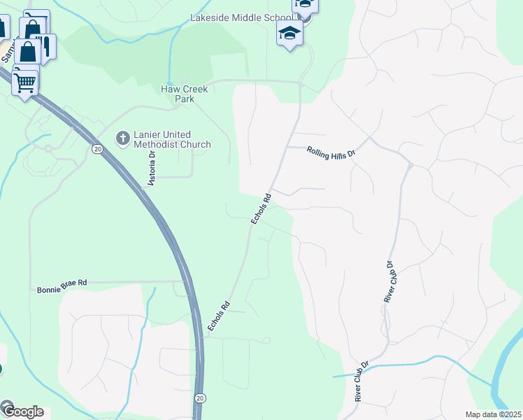 map of restaurants, bars, coffee shops, grocery stores, and more near 2845 Echols Road in Cumming