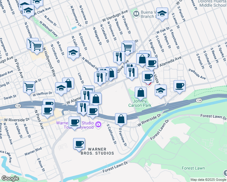 map of restaurants, bars, coffee shops, grocery stores, and more near in Burbank