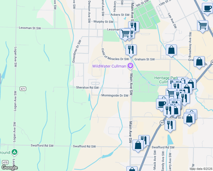 map of restaurants, bars, coffee shops, grocery stores, and more near 1221 Sheraton Road Southwest in Cullman