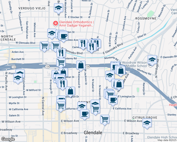 map of restaurants, bars, coffee shops, grocery stores, and more near 500 Jackson Place in Glendale