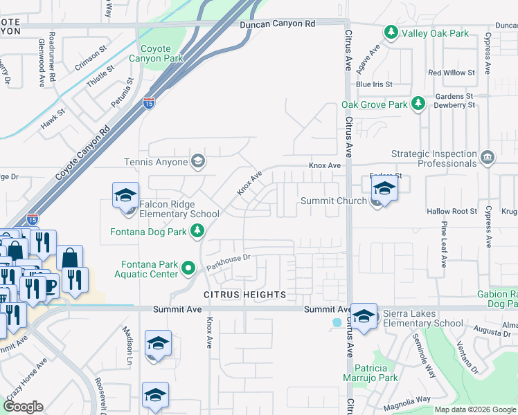 map of restaurants, bars, coffee shops, grocery stores, and more near 15841 Barletta Lane in Fontana