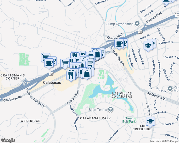 map of restaurants, bars, coffee shops, grocery stores, and more near 23600 Park Sorrento in Calabasas