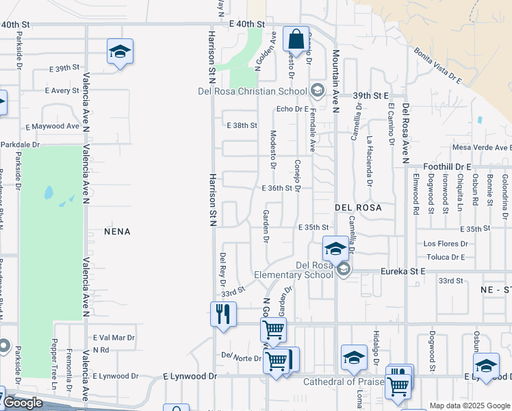 map of restaurants, bars, coffee shops, grocery stores, and more near 3520 North Golden Avenue in San Bernardino