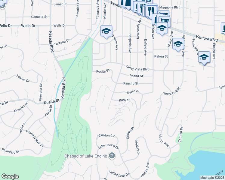 map of restaurants, bars, coffee shops, grocery stores, and more near 18101 Karen Drive in Los Angeles
