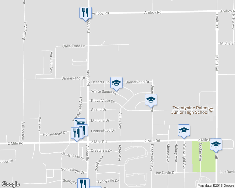 map of restaurants, bars, coffee shops, grocery stores, and more near White Sands Drive in Twentynine Palms