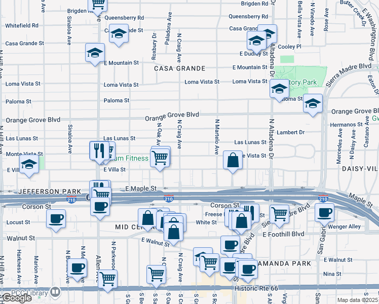 map of restaurants, bars, coffee shops, grocery stores, and more near 2176 Monte Vista Street in Pasadena