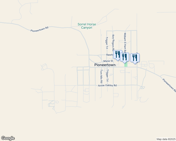 map of restaurants, bars, coffee shops, grocery stores, and more near Minna Gombell Lane in Pioneertown
